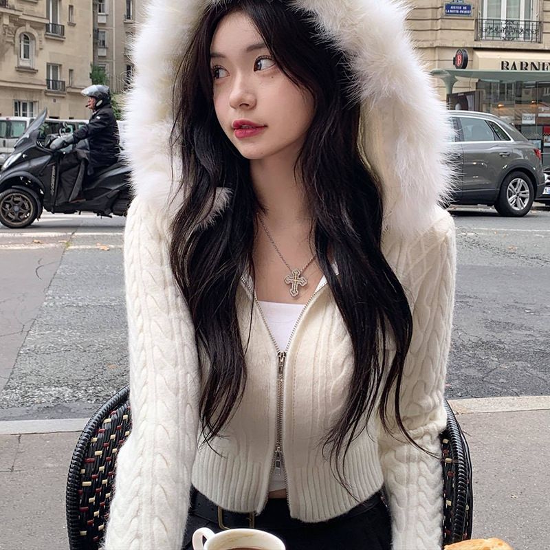 1PC Han style wool patchwork hooded woolen upper women's Fried Dough Twists texture slim zipper waist knit
