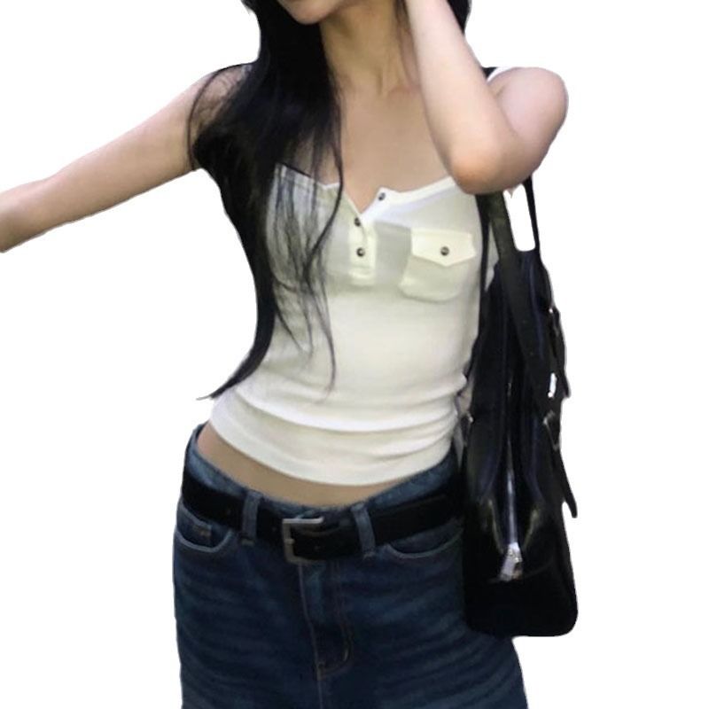 1pc casual solid color pocket vest sexy slim fit slant neck sleeveless vest for women
