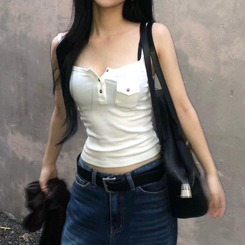 1pc casual solid color pocket vest sexy slim fit slant neck sleeveless vest for women