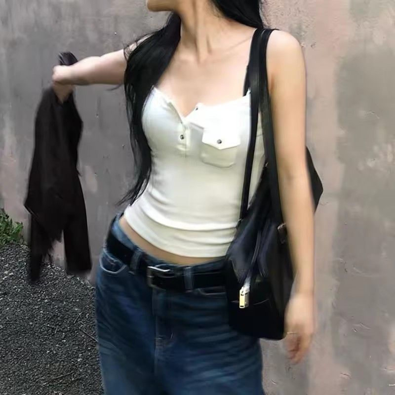 1pc casual solid color pocket vest sexy slim fit slant neck sleeveless vest for women