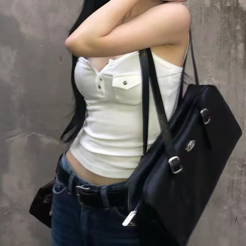 1pc casual solid color pocket vest sexy slim fit slant neck sleeveless vest for women