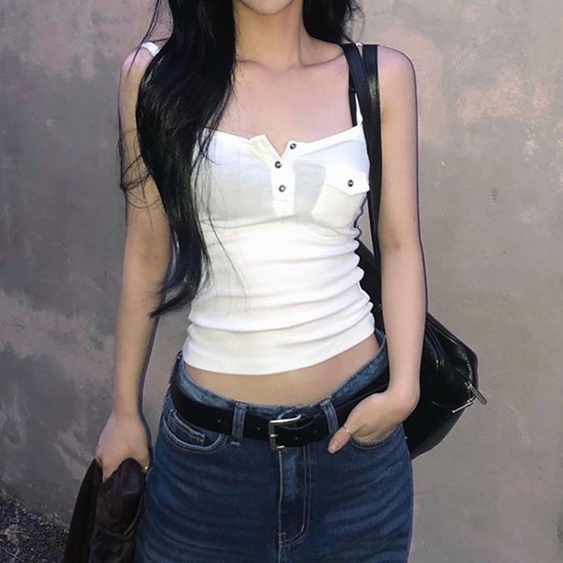 1pc casual solid color pocket vest sexy slim fit slant neck sleeveless vest for women