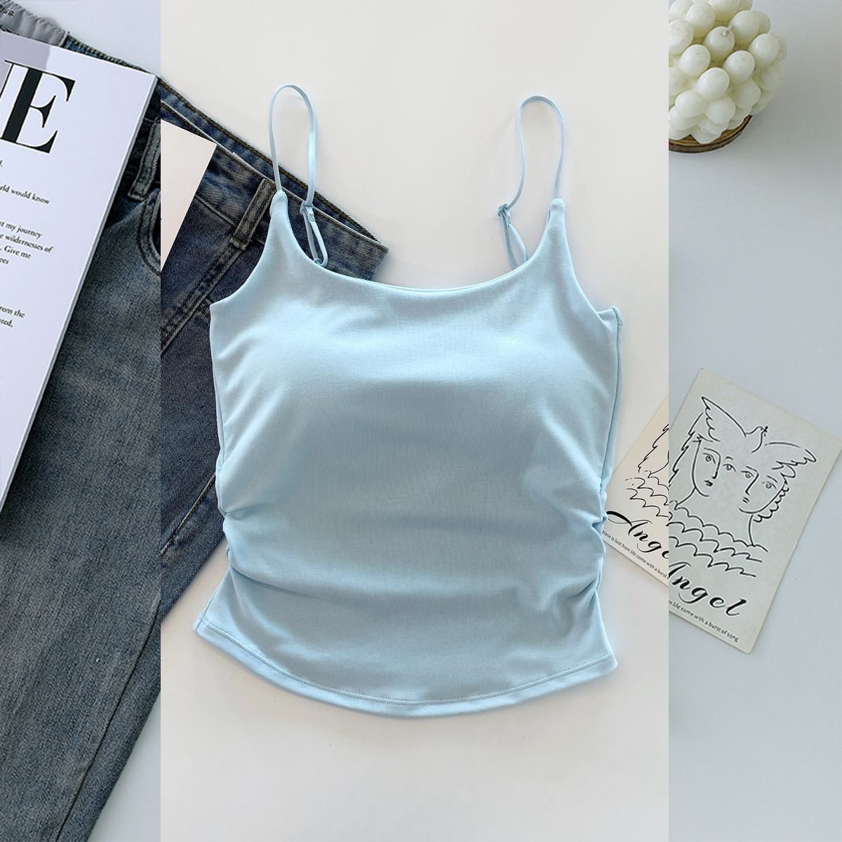 1pc Summer Dopamine Sexy Women's Tank Top with pleated waist and beautiful back with chest cushion