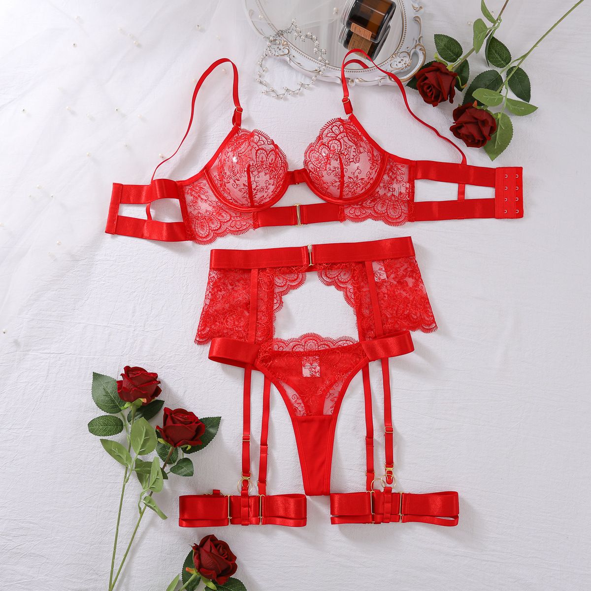 1PC Luxury Lace Bra and Triangle Underwear Set Sexy Women's Underwear Strap Pants Hot Perspective Set