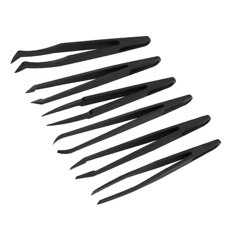 8pcs carbon tweezers upgraded anti-static bending tweezers electronic laboratory work jewelry plastic precision tweezers set