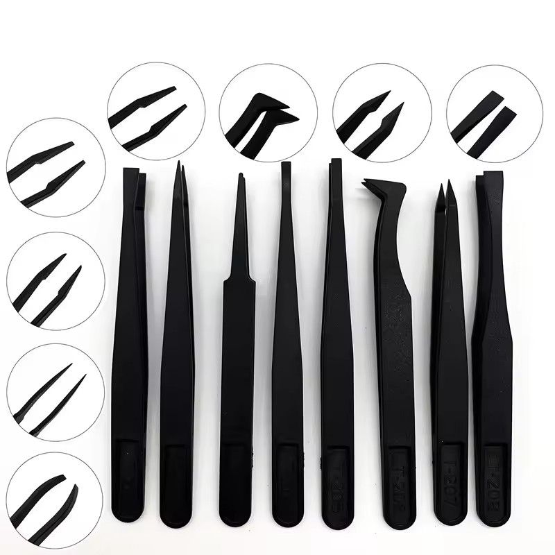 8pcs carbon tweezers upgraded anti-static bending tweezers electronic laboratory work jewelry plastic precision tweezers set