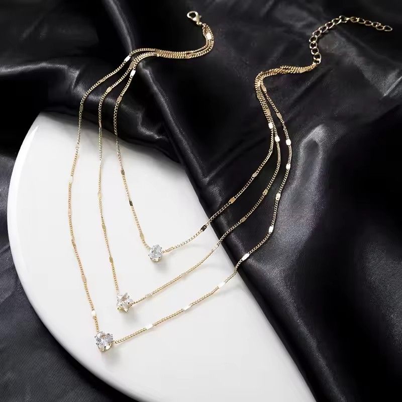 1Set of women's cold metal multi-layer necklace, fashionable and simple heart-shaped pentagram water droplet collarbone chain