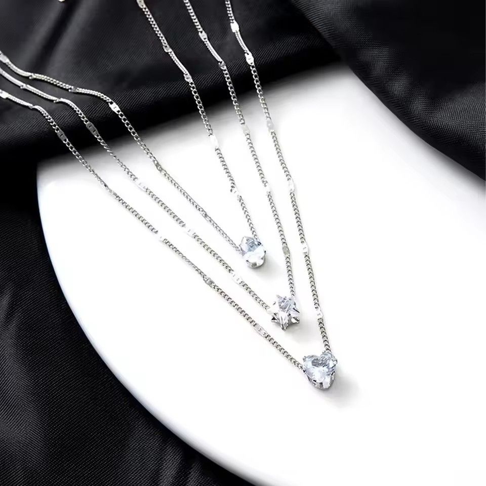1Set of women's cold metal multi-layer necklace, fashionable and simple heart-shaped pentagram water droplet collarbone chain