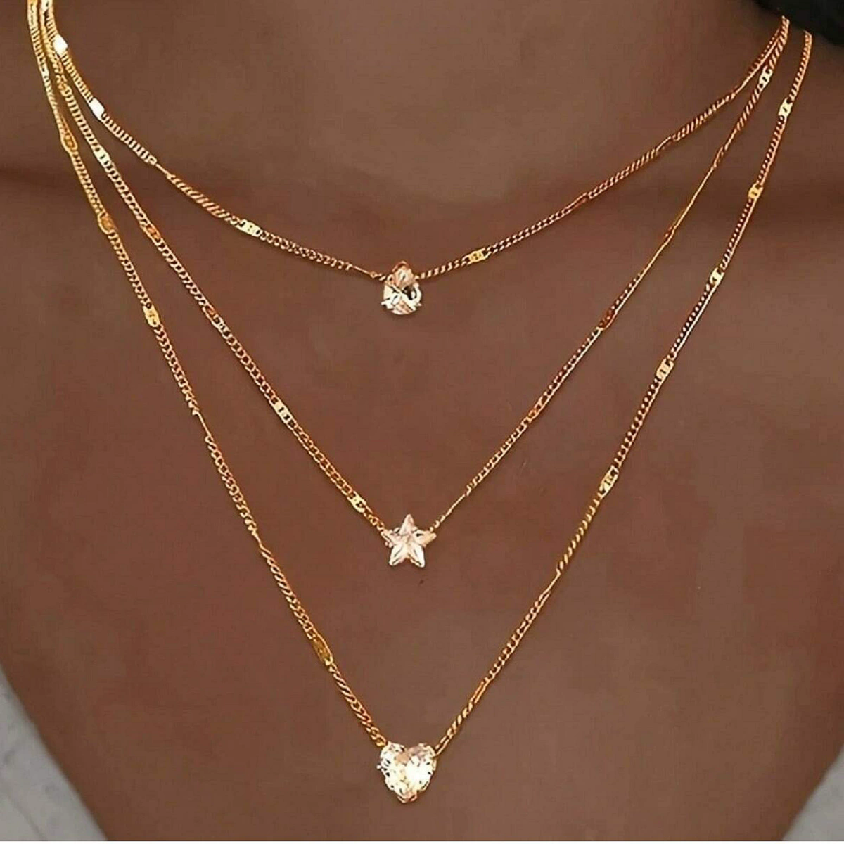1Set of women's cold metal multi-layer necklace, fashionable and simple heart-shaped pentagram water droplet collarbone chain
