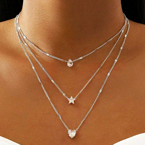 1Set of women's cold metal multi-layer necklace, fashionable and simple heart-shaped pentagram water droplet collarbone chain