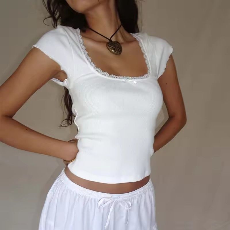 1PC Vintage Baby Tee Cottage Lace Trim Knitted T-Shirt Summer Square Neck Short Sleeve Tee Shirt Women White Milkmaid Crop Top