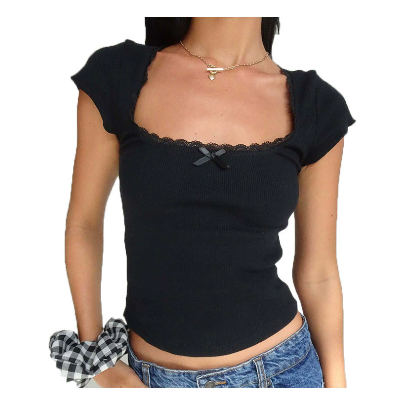 1PC Vintage Baby Tee Cottage Lace Trim Knitted T-Shirt Summer Square Neck Short Sleeve Tee Shirt Women White Milkmaid Crop Top