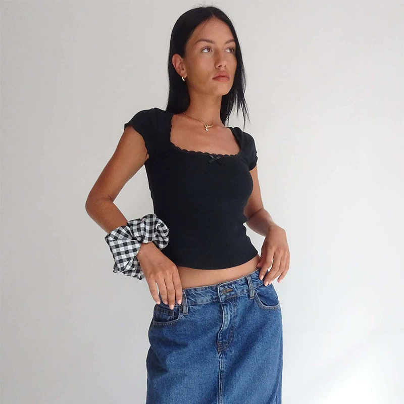 1PC Vintage Baby Tee Cottage Lace Trim Knitted T-Shirt Summer Square Neck Short Sleeve Tee Shirt Women White Milkmaid Crop Top