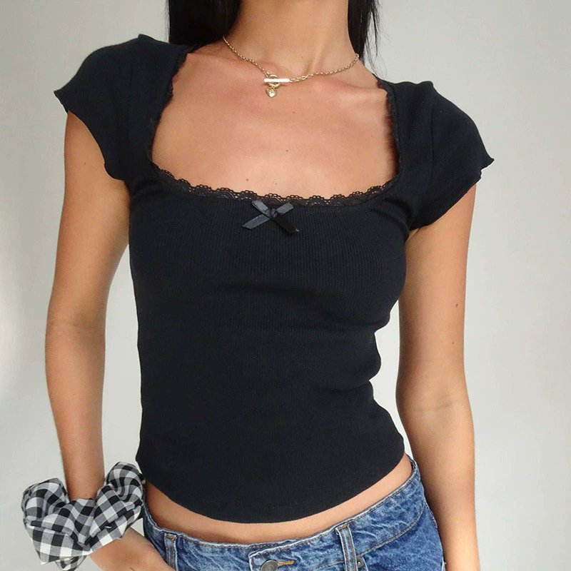 1PC Vintage Baby Tee Cottage Lace Trim Knitted T-Shirt Summer Square Neck Short Sleeve Tee Shirt Women White Milkmaid Crop Top