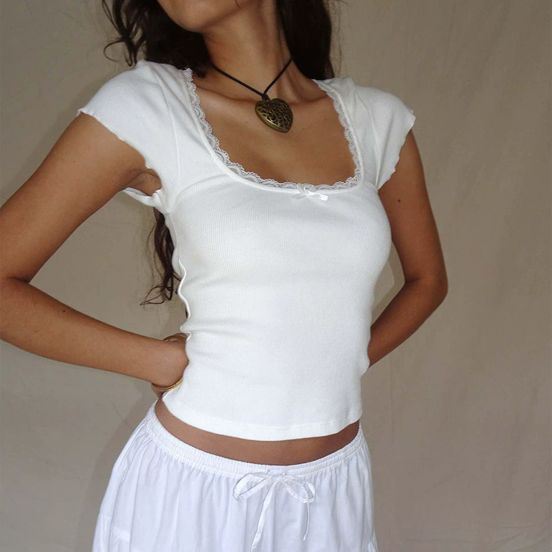 1PC Vintage Baby Tee Cottage Lace Trim Knitted T-Shirt Summer Square Neck Short Sleeve Tee Shirt Women White Milkmaid Crop Top