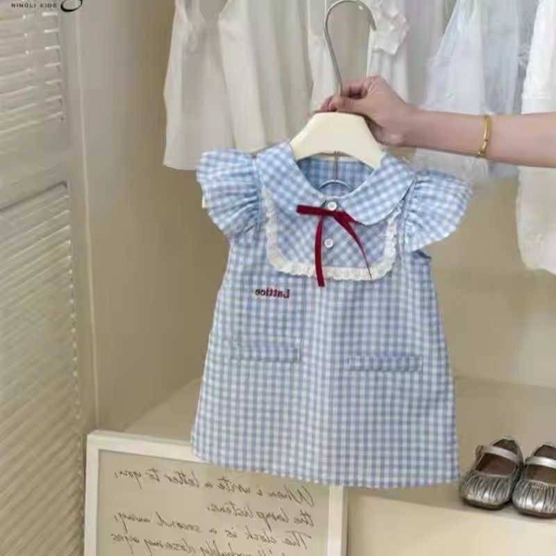 1PC Girl's College Bow Dress Summer Children Infants Kids Baby Blue Checkered Flying Sleeve Baby Lace Doll Dress