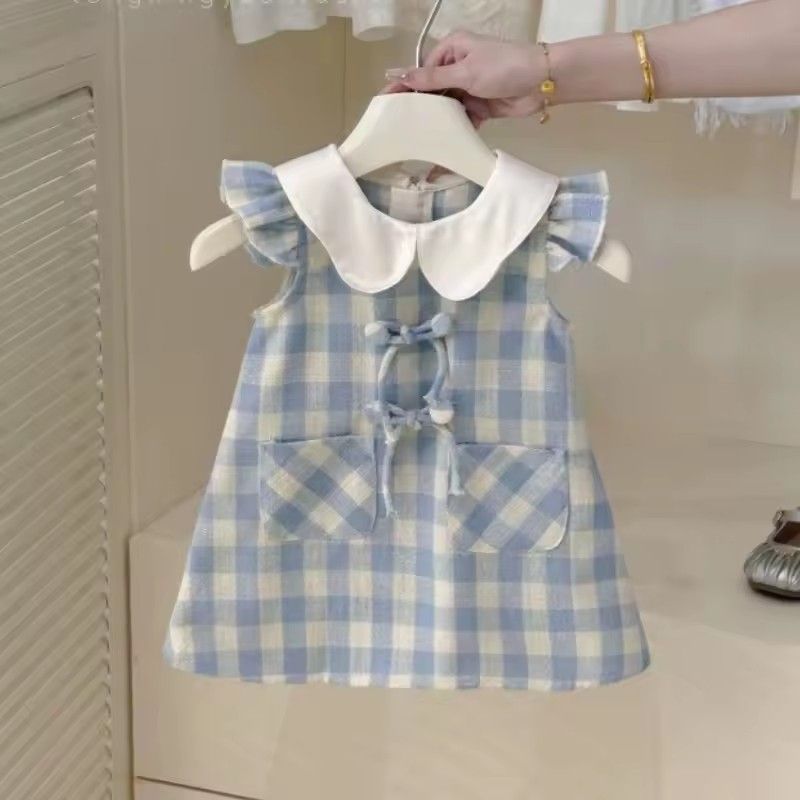 1PC Girl's College Bow Dress Summer Children Infants Kids Baby Blue Checkered Flying Sleeve Baby Lace Doll Dress