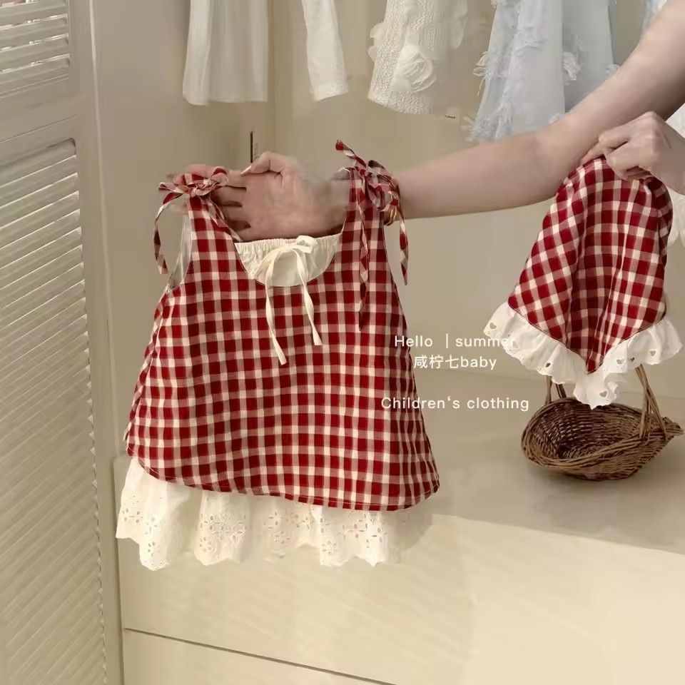 1PC Girl's College Bow Dress Summer Children Infants Kids Baby Blue Checkered Flying Sleeve Baby Lace Doll Dress