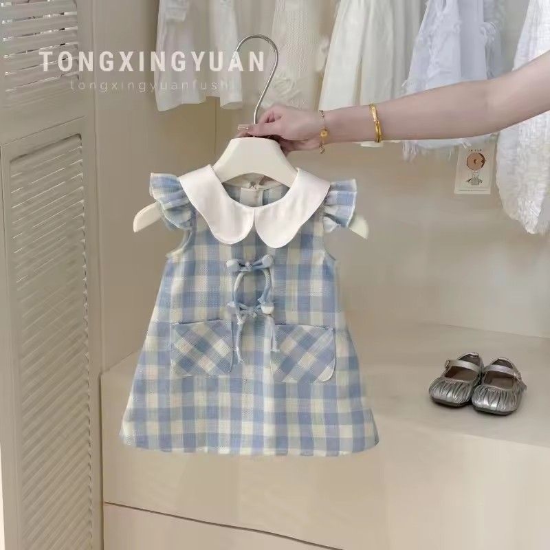 1PC Girl's College Bow Dress Summer Children Infants Kids Baby Blue Checkered Flying Sleeve Baby Lace Doll Dress