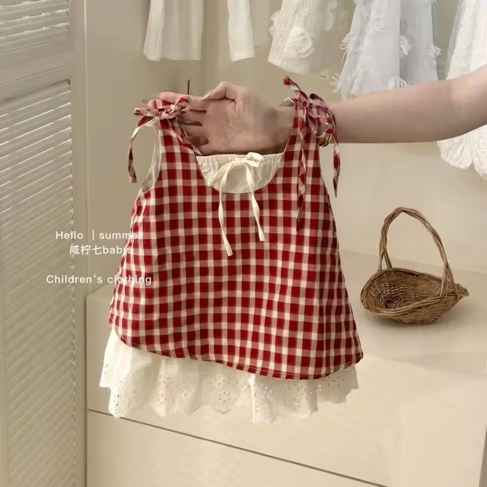 1PC Girl's College Bow Dress Summer Children Infants Kids Baby Blue Checkered Flying Sleeve Baby Lace Doll Dress