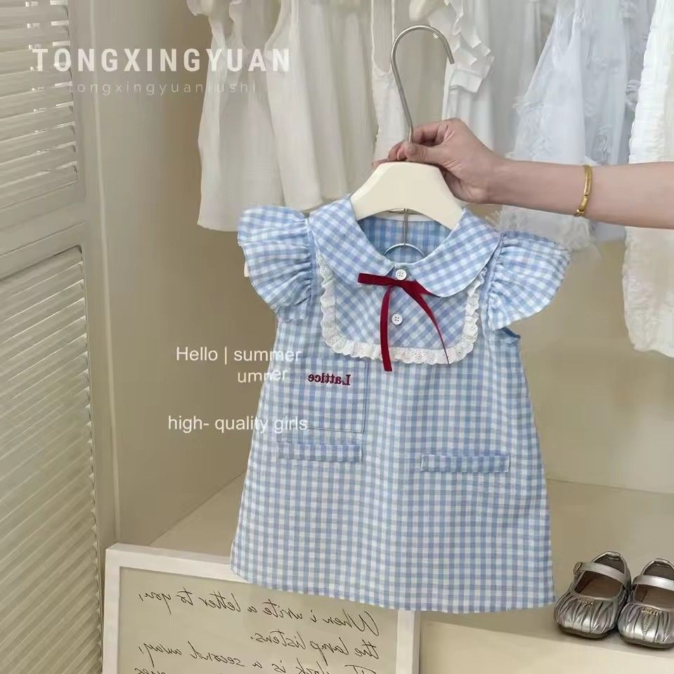 1PC Girl's College Bow Dress Summer Children Infants Kids Baby Blue Checkered Flying Sleeve Baby Lace Doll Dress