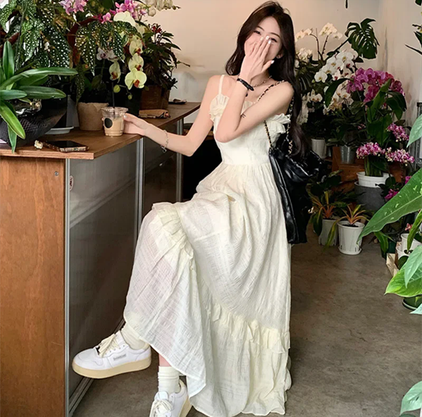 1PC Women's Sweet Waist Line Design Sexy Fairy Long Skirt Wooden Edge Strapless Dress Sleeveless