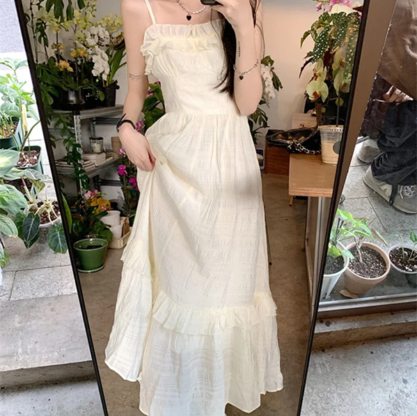 1PC Women's Sweet Waist Line Design Sexy Fairy Long Skirt Wooden Edge Strapless Dress Sleeveless
