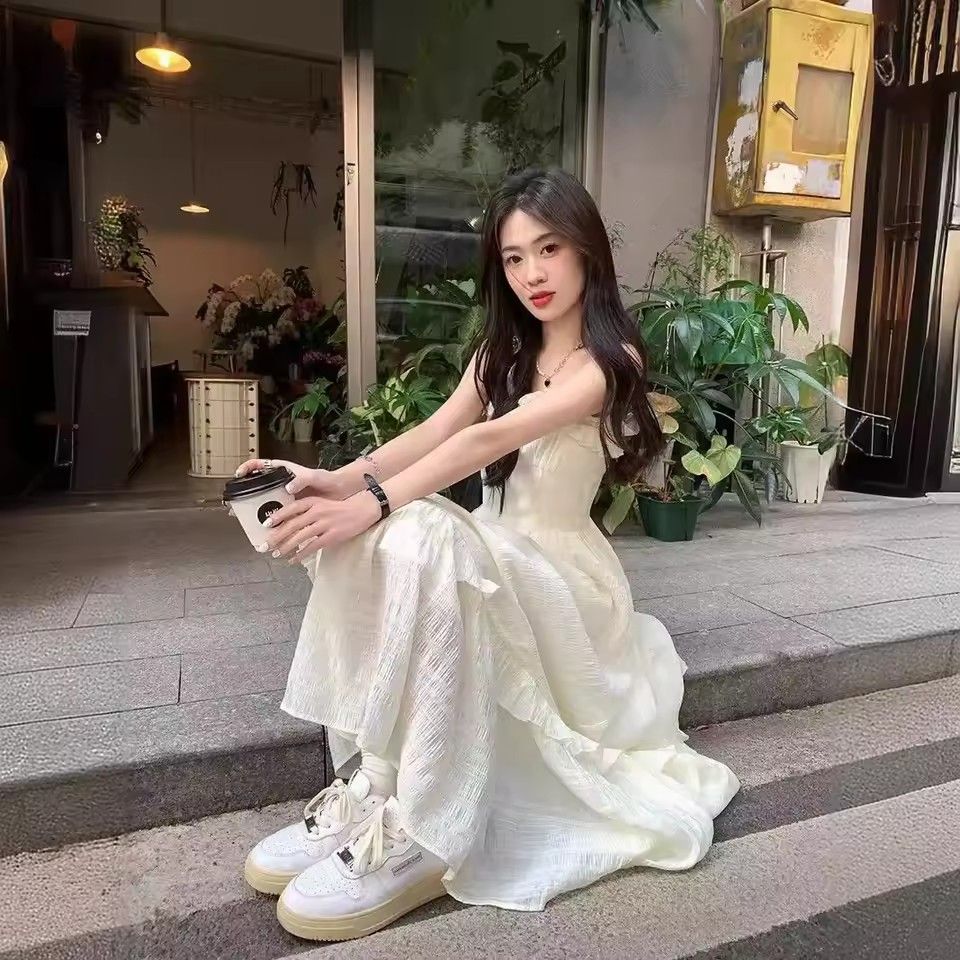 1PC Women's Sweet Waist Line Design Sexy Fairy Long Skirt Wooden Edge Strapless Dress Sleeveless