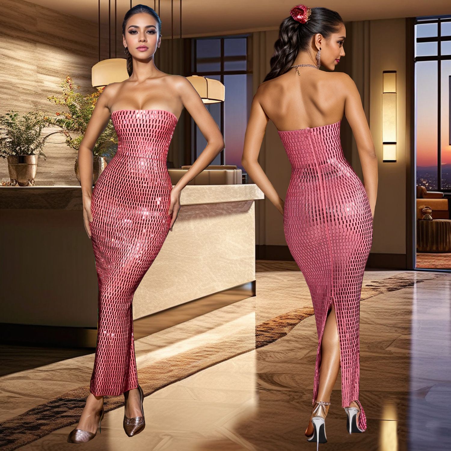 1PC Fashion Solid Color Heat Set Water Diamond Sleeveless Dress, Ankle length Empire Waist Single Shoulder Dress