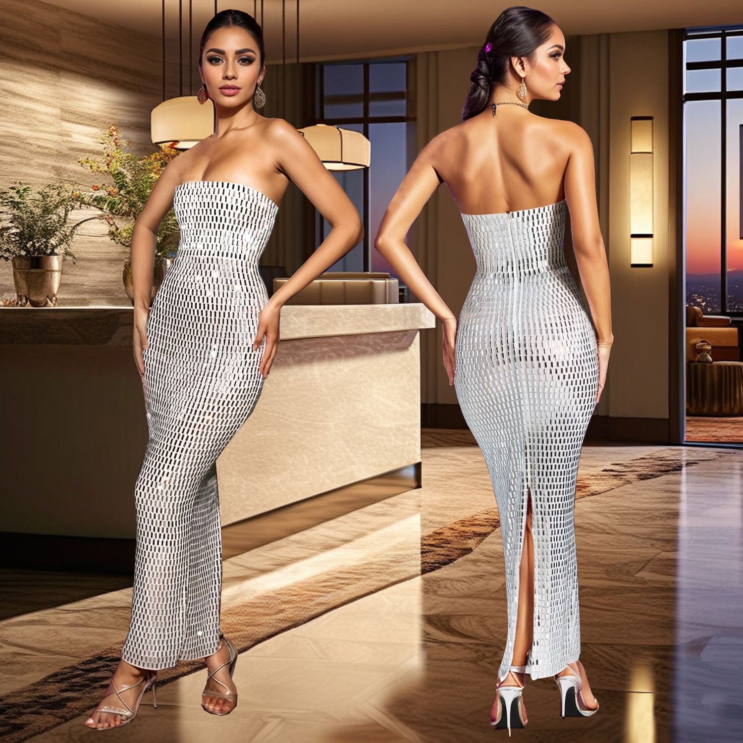 1PC Fashion Solid Color Heat Set Water Diamond Sleeveless Dress, Ankle length Empire Waist Single Shoulder Dress