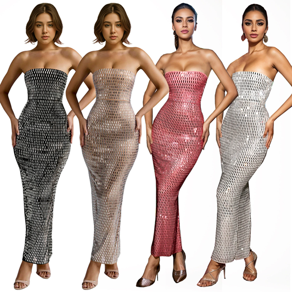1PC Fashion Solid Color Heat Set Water Diamond Sleeveless Dress, Ankle length Empire Waist Single Shoulder Dress
