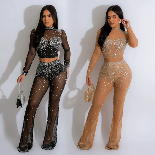 A set Women's Black Sheer Mesh Rhinestone Crop Top And Wide Legs Pants Set Sparkle Crystal Tracksuit Birthday Outfit