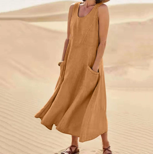 1PC Women's Linen Sun Skirt Summer Women's Sleeveless Double Large Pocket Loose Beach Dress Long Skirt