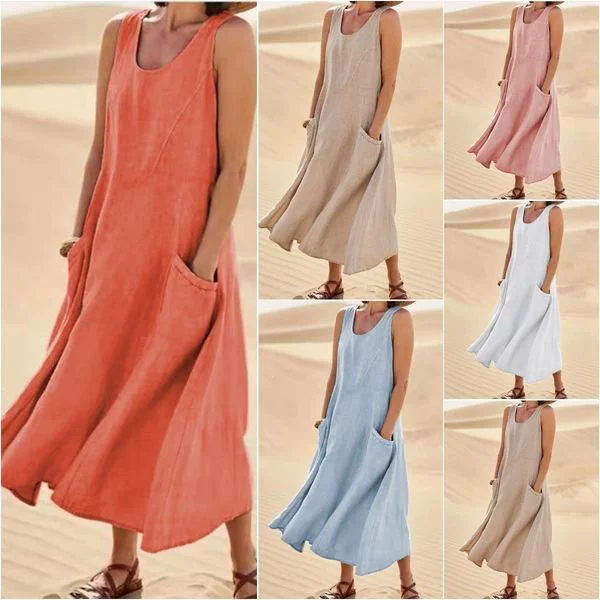 1PC Women's Linen Sun Skirt Summer Women's Sleeveless Double Large Pocket Loose Beach Dress Long Skirt