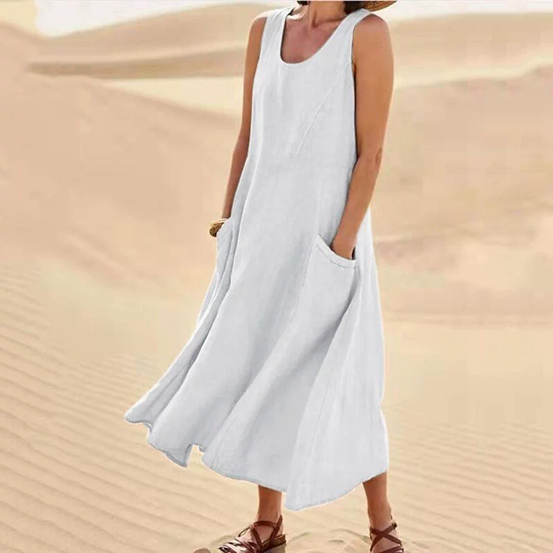 1PC Women's Linen Sun Skirt Summer Women's Sleeveless Double Large Pocket Loose Beach Dress Long Skirt