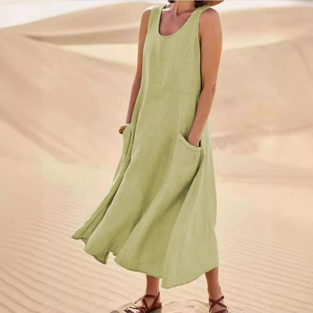 1PC Women's Linen Sun Skirt Summer Women's Sleeveless Double Large Pocket Loose Beach Dress Long Skirt