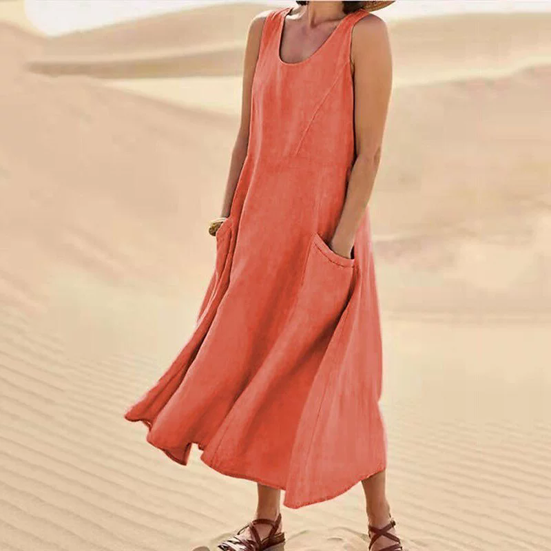 1PC Women's Linen Sun Skirt Summer Women's Sleeveless Double Large Pocket Loose Beach Dress Long Skirt