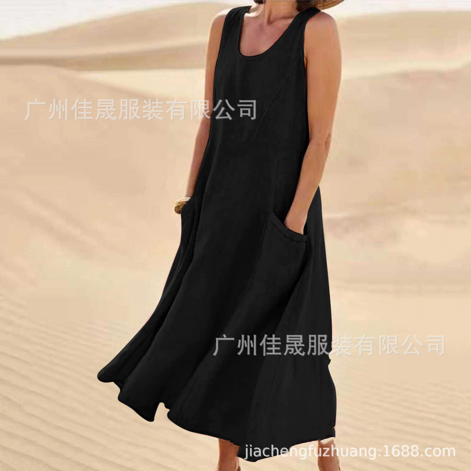 1PC Women's Linen Sun Skirt Summer Women's Sleeveless Double Large Pocket Loose Beach Dress Long Skirt