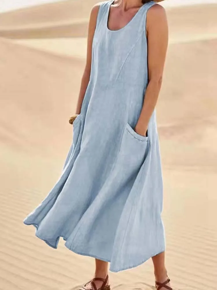 1PC Women's Linen Sun Skirt Summer Women's Sleeveless Double Large Pocket Loose Beach Dress Long Skirt