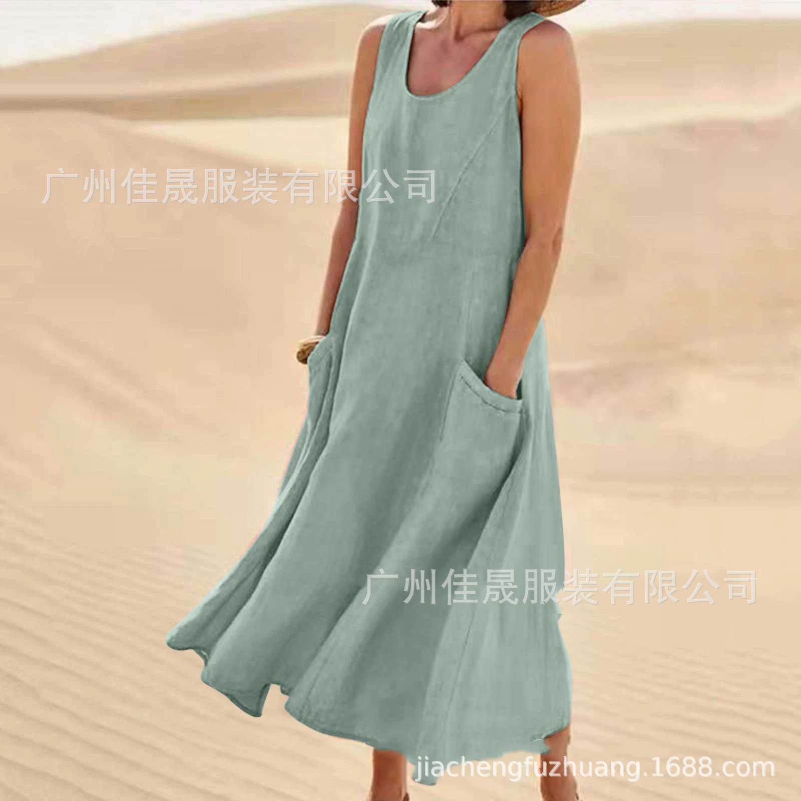1PC Women's Linen Sun Skirt Summer Women's Sleeveless Double Large Pocket Loose Beach Dress Long Skirt