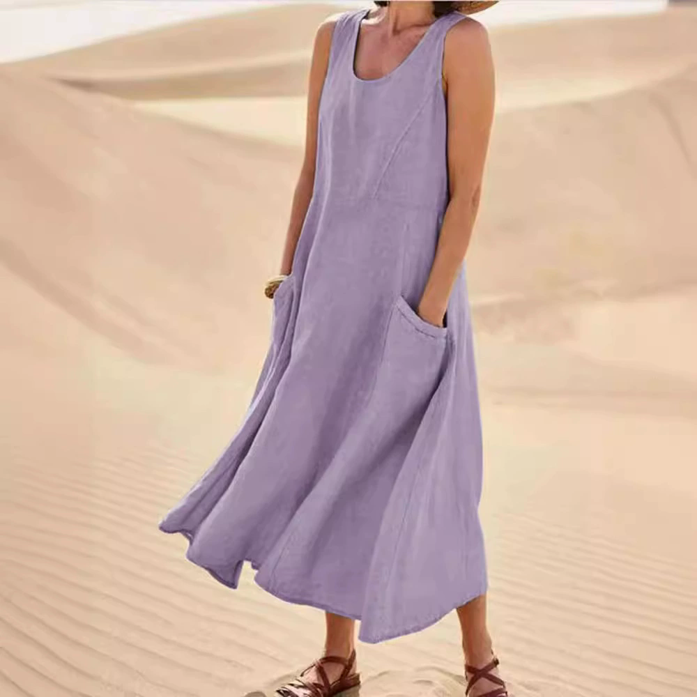 1PC Women's Linen Sun Skirt Summer Women's Sleeveless Double Large Pocket Loose Beach Dress Long Skirt