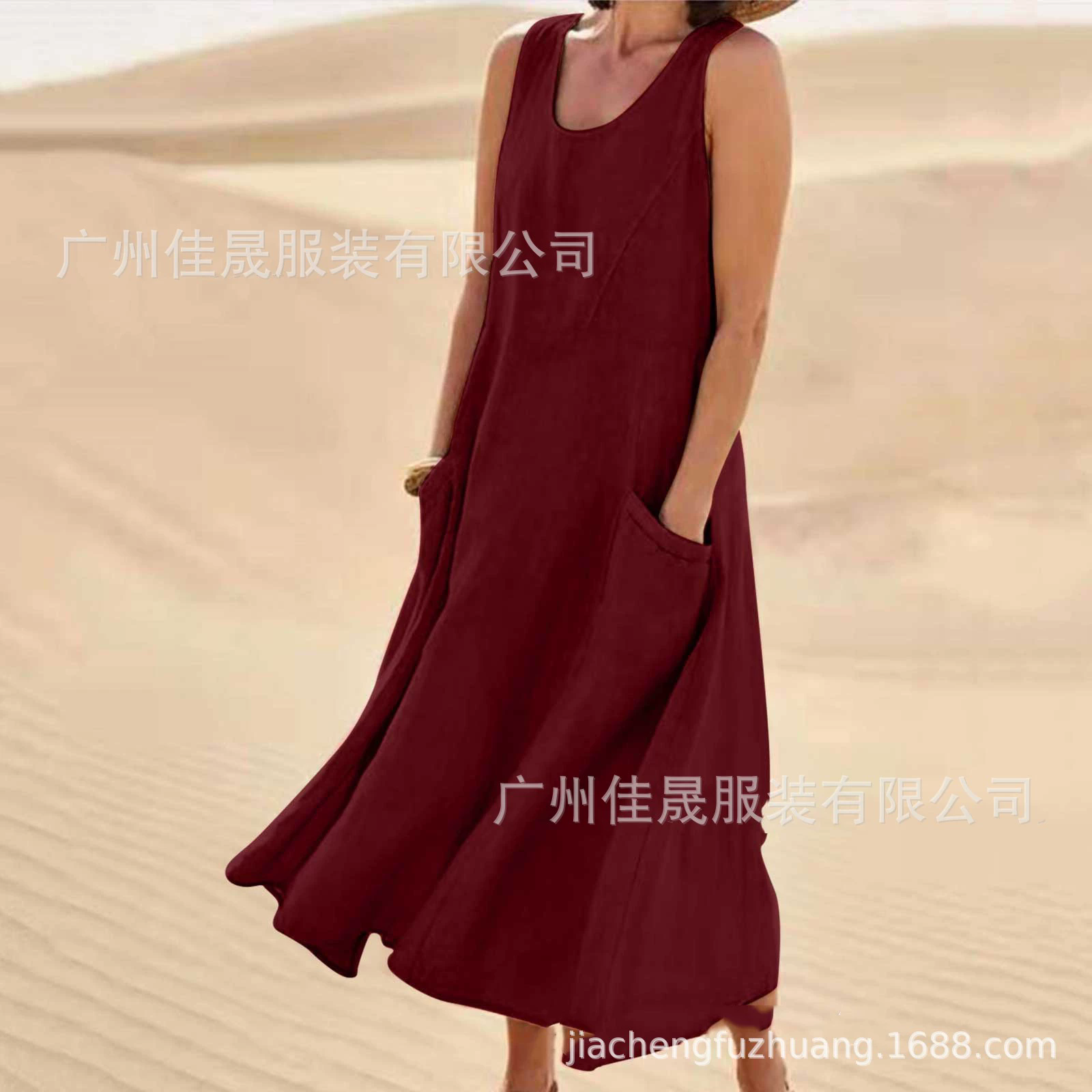1PC Women's Linen Sun Skirt Summer Women's Sleeveless Double Large Pocket Loose Beach Dress Long Skirt