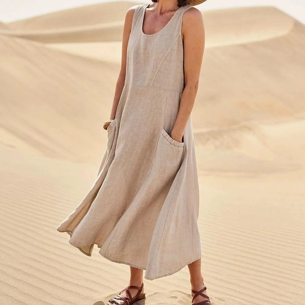 1PC Women's Linen Sun Skirt Summer Women's Sleeveless Double Large Pocket Loose Beach Dress Long Skirt