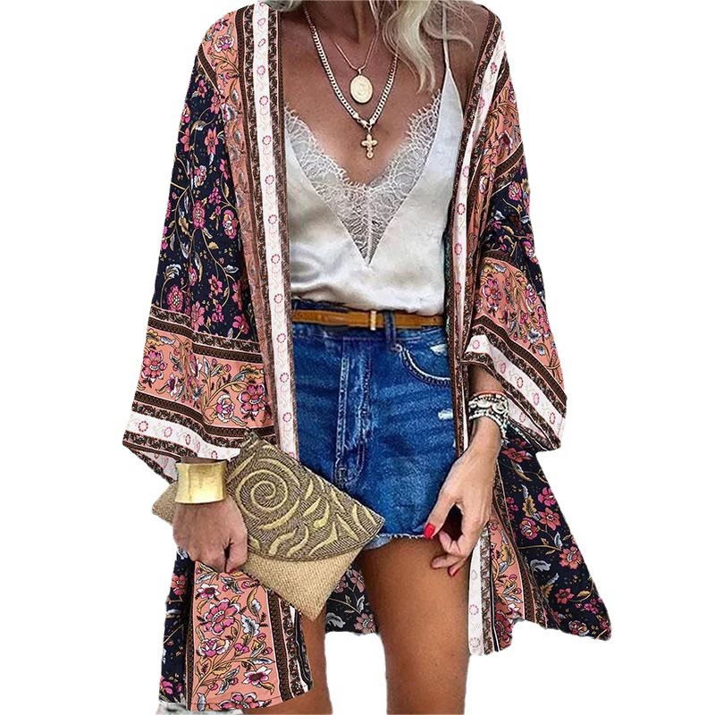 1PC Printed top with open needle bat sleeves, holiday style shirt, women's T-shirt, cotton vacation women's lining