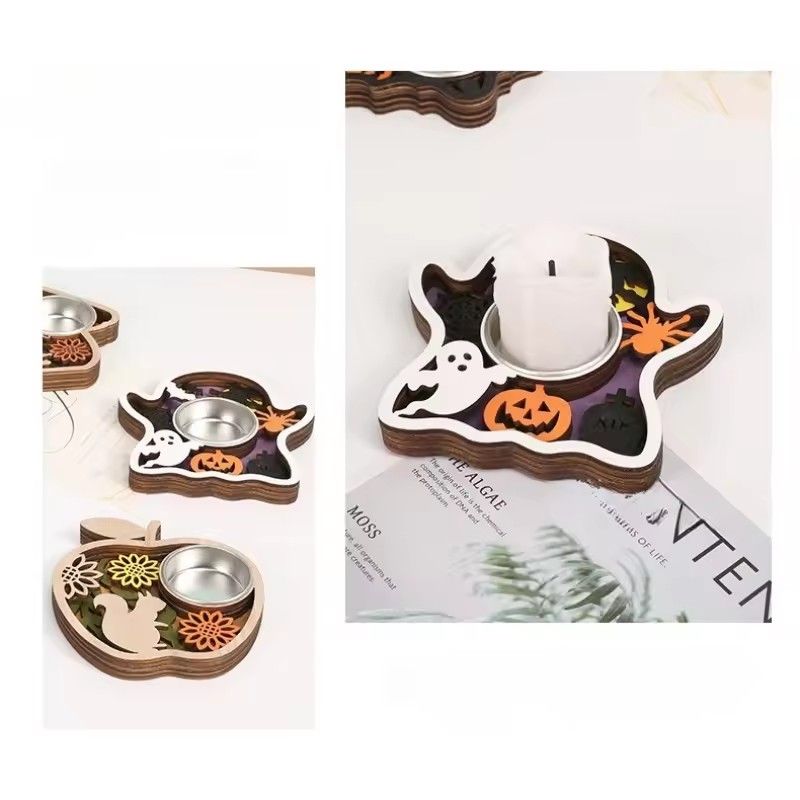 1PC Halloween Wooden Candle Holder Base Thanksgiving Table Decor Holiday Candle Stand for Spooky/Festive Atmosphere Home Decor