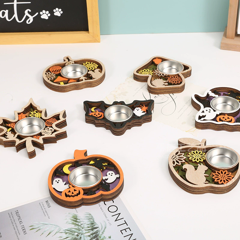 1PC Halloween Wooden Candle Holder Base Thanksgiving Table Decor Holiday Candle Stand for Spooky/Festive Atmosphere Home Decor