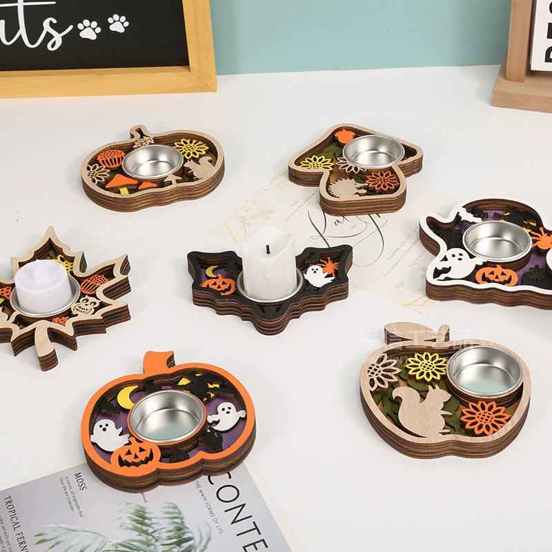 1PC Halloween Wooden Candle Holder Base Thanksgiving Table Decor Holiday Candle Stand for Spooky/Festive Atmosphere Home Decor