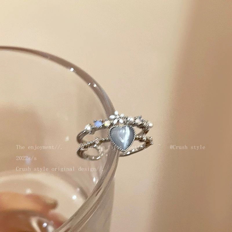 1PC Sea Blue Love Moonlight Zircon Open Ring Female Finger Ring Temperament Adjustable Ring