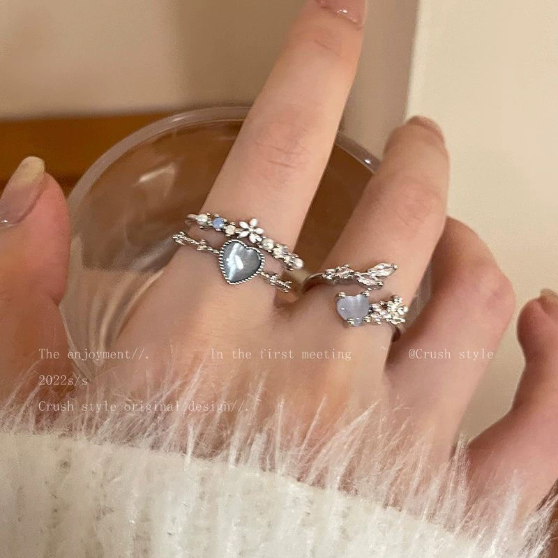 1PC Sea Blue Love Moonlight Zircon Open Ring Female Finger Ring Temperament Adjustable Ring
