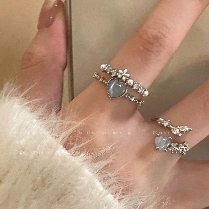 1PC Sea Blue Love Moonlight Zircon Open Ring Female Finger Ring Temperament Adjustable Ring